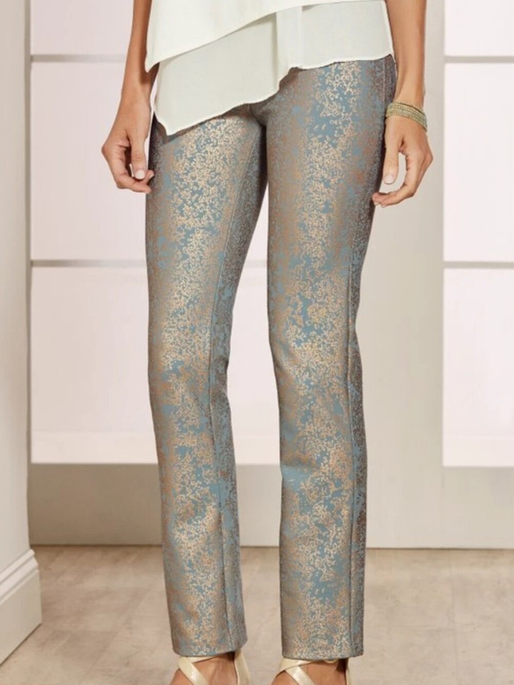 Soft Surroundings Powder Blue Gold Foil Metallic Ponte Pants Size Large